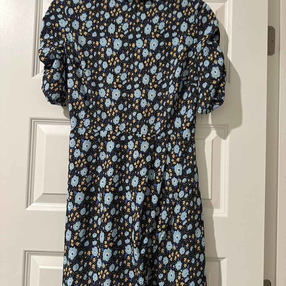 Blue and White A-Line Dress with Puff Sleeves